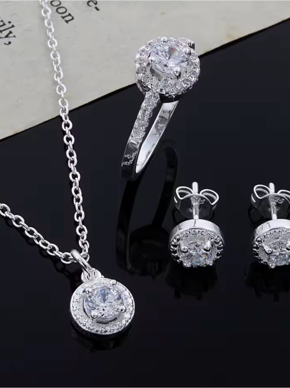 Silver White Cubic Zirconia Necklace, adjustable Ring & Stud Earring Set.